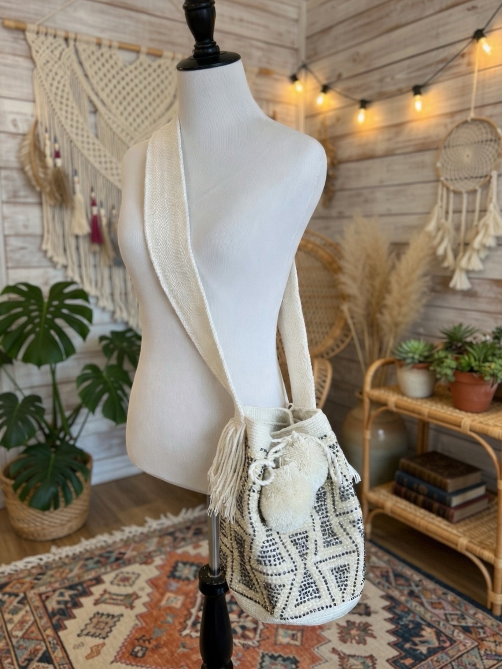 WAYUU White Pom-Pom Embellished Bucket Bag